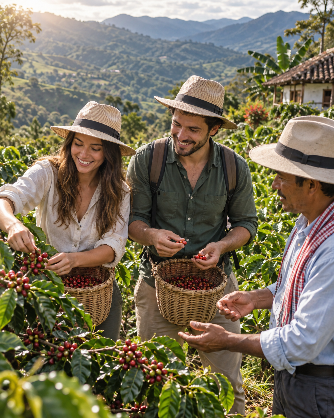 Pareja recolectando café con un caficultor en Antioquia